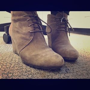 Clarks Suede Taupe Wedge Booties